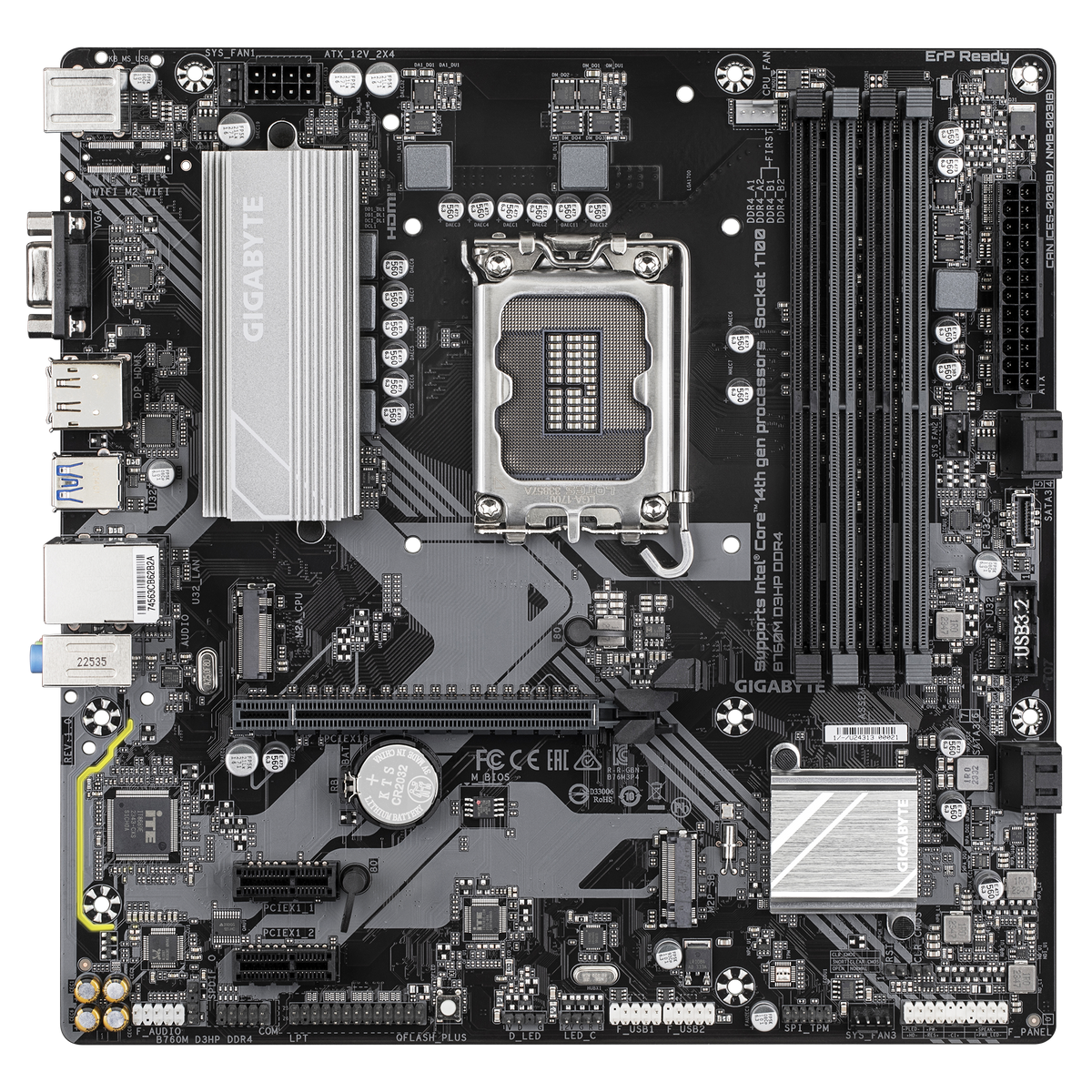 Gigabyte B760M D3HP DDR4 | Processor family Intel | Processor socket LGA1700 | DDR4 | Supported hard disk drive interfaces M.2, SATA | Number of SATA connectors 4