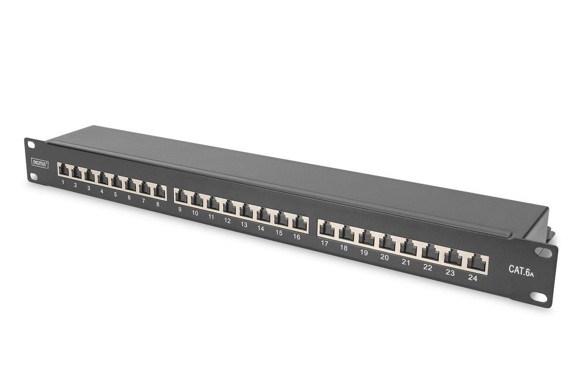 CAT 6A | Patch Panel | RJ45, 8P8C | Suitable for 483 mm (19") cabinet mounting; Transmission properties: Category 6A, Class EA; Area of application: Up to 500 MHz, 10GBase-T; Size:482.6 x 44 x 109mm | RJ45 shielding (Tinned bronze)