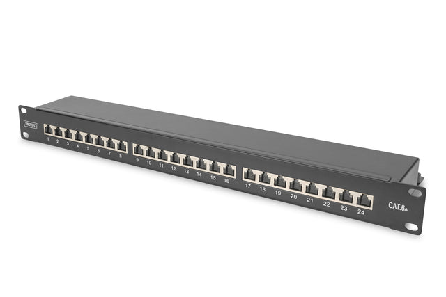 CAT 6A | Patch Panel | RJ45, 8P8C | Suitable for 483 mm (19") cabinet mounting; Transmission properties: Category 6A, Class EA; Area of application: Up to 500 MHz, 10GBase-T; Size:482.6 x 44 x 109mm | RJ45 shielding (Tinned bronze)