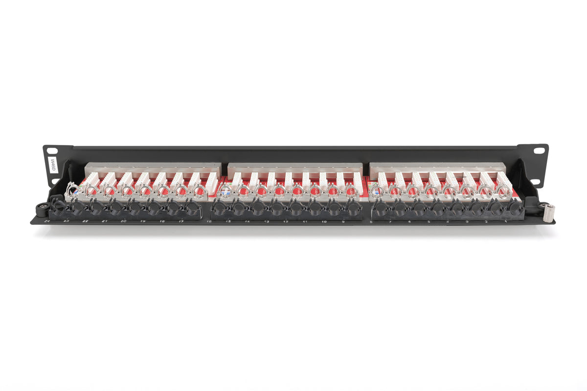 CAT 6A | Patch Panel | RJ45, 8P8C | Suitable for 483 mm (19") cabinet mounting; Transmission properties: Category 6A, Class EA; Area of application: Up to 500 MHz, 10GBase-T; Size:482.6 x 44 x 109mm | RJ45 shielding (Tinned bronze)