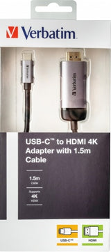 Verbatim 49144 USB-C į HDMI 4K Adapteris, USB 3.1 GEN 1, HDMI 4K (60Hz), 1.5 m kabelis, Pilka/Juoda