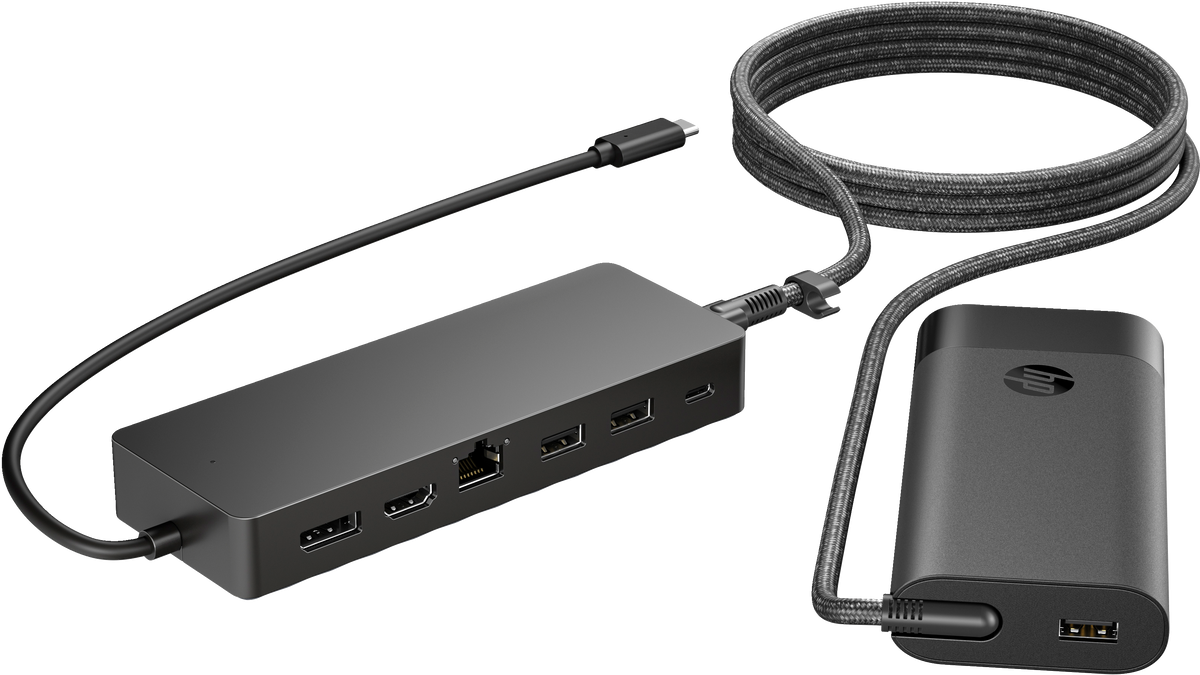 HP Universal USB-C Multiport Hub with 65W Power Adapter Notebook Charger – 2x USB-A, 2x USB-C(65W/Data), DisplayPort/HDMI, RJ-45, 1 year