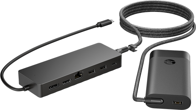 HP Universal USB-C Multiport Hub with 65W Power Adapter Notebook Charger – 2x USB-A, 2x USB-C(65W/Data), DisplayPort/HDMI, RJ-45, 1 year