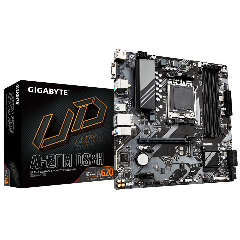 Gigabyte A620M DS3H | Processor family AMD | Processor socket AM5 | DDR5 | Supported hard disk drive interfaces M.2, SATA | Number of SATA connectors 4