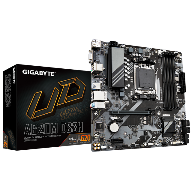 Gigabyte A620M DS3H | Processor family AMD | Processor socket AM5 | DDR5 | Supported hard disk drive interfaces M.2, SATA | Number of SATA connectors 4