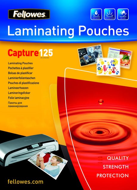 Fellowes | Laminating Pouch PREMIUM | A4 | Glossy | Thickness: 125 micron, Qty Per Pack: 100 pcs; Ideal for notices, craft materials, signage and frequently handled documents; Compatible with all laminator brands