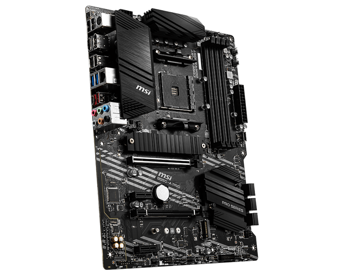 MSI | B550-A PRO | Processor family AMD | Processor socket AM4 | DDR4 DIMM | Memory slots 4 | Supported hard disk drive interfaces SATA, M.2 | Number of SATA connectors 6 | Chipset AMD B550 | ATX