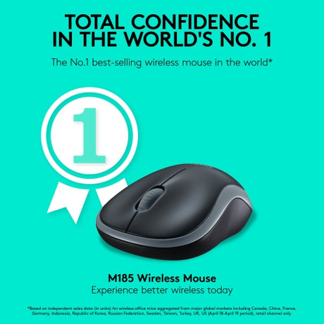 Logitech M185 Belaidė pelė, RF Wireless, 1000 DPI, Juoda/Pilka