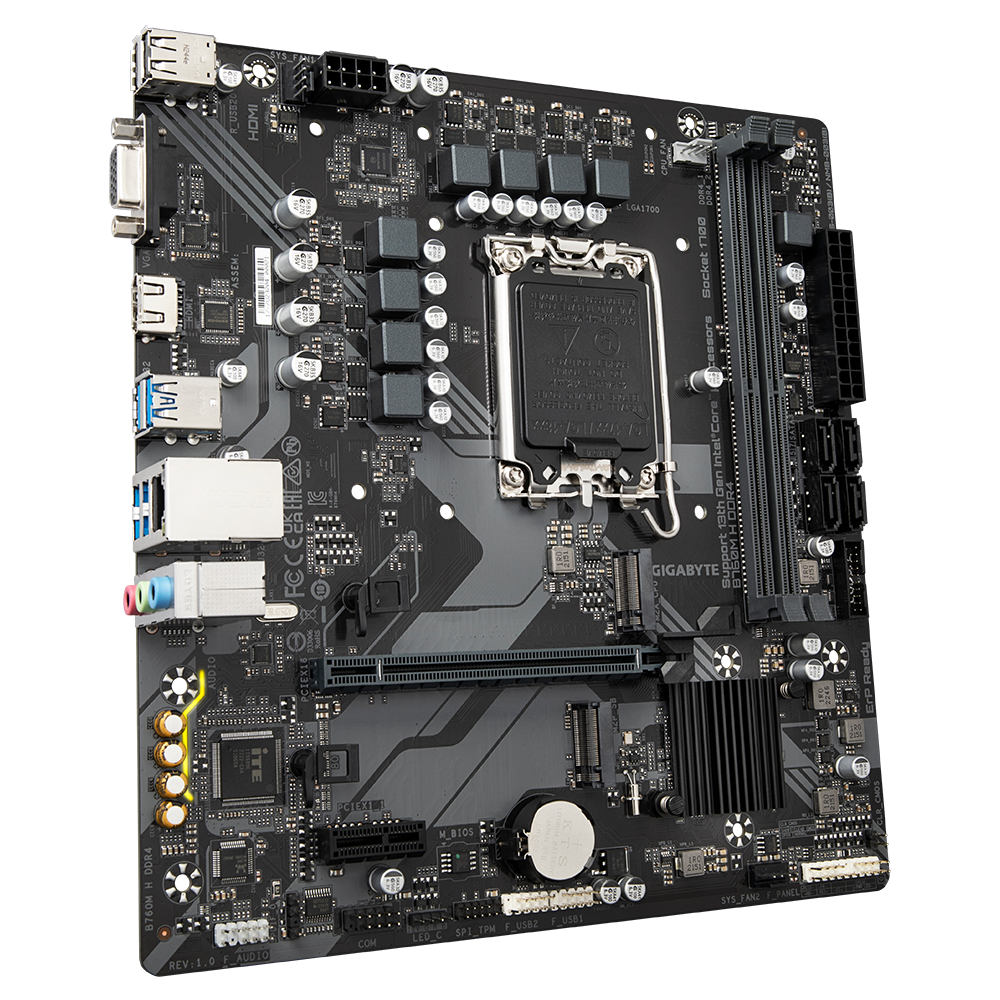 Gigabyte | B760M H DDR4 1.0 M/B | Processor family Intel | Processor socket LGA1700 | DDR4 DIMM | Memory slots 2 | Supported hard disk drive interfaces SATA, M.2 | Number of SATA connectors 4 | Chipset Intel B760 Express | Micro ATX