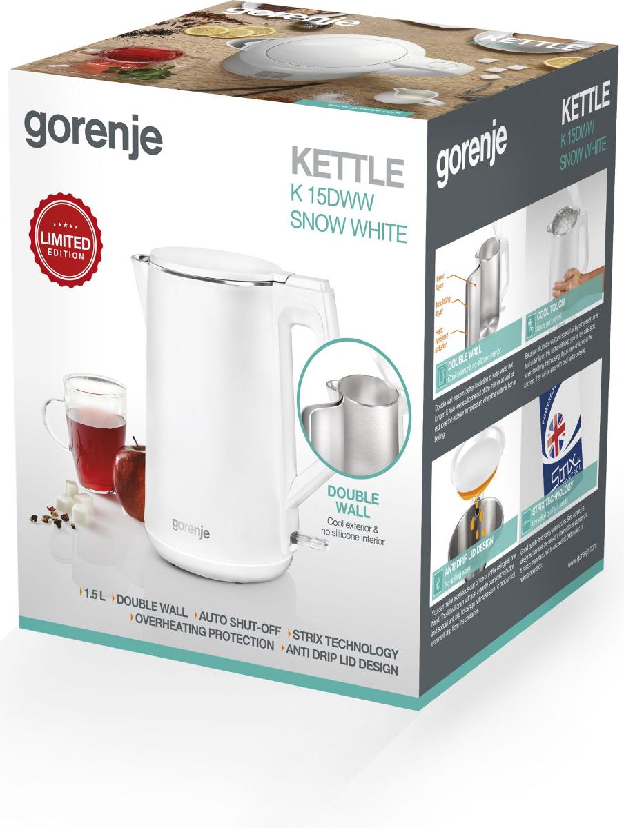 Gorenje | Kettle | K15DWW | Electric | 2200 W | 1.5 L | Plastic/Metal | 360° rotational base | White