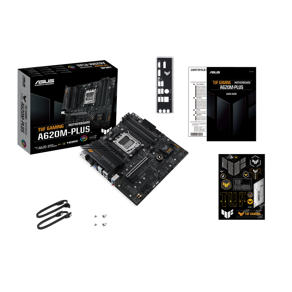 Asus | TUF GAMING A620M-PLUS | Processor family AMD | Processor socket AM5 | DDR5 DIMM | Memory slots 4 | Supported hard disk drive interfaces 	SATA, M.2 | Number of SATA connectors 4 | Chipset  AMD A620 | Micro-ATX