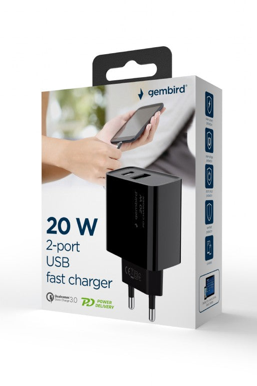Gembird 2-port 20W USB Fast Charger | TA-UC-PDQC20-01-BK