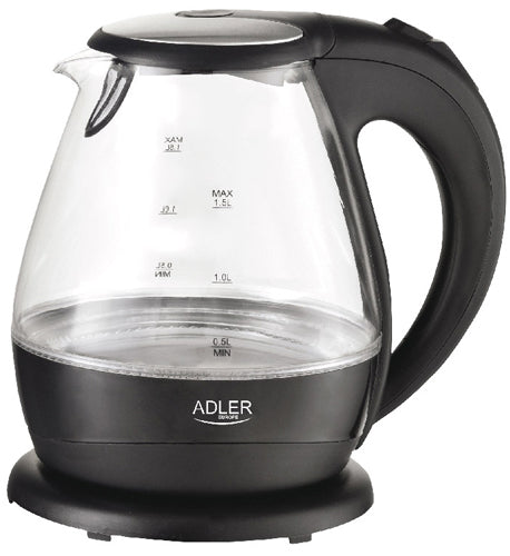 Adler | Kettle | AD 1224 | Standard | 2000 W | 1.5 L | Glass | 360° rotational base | Black