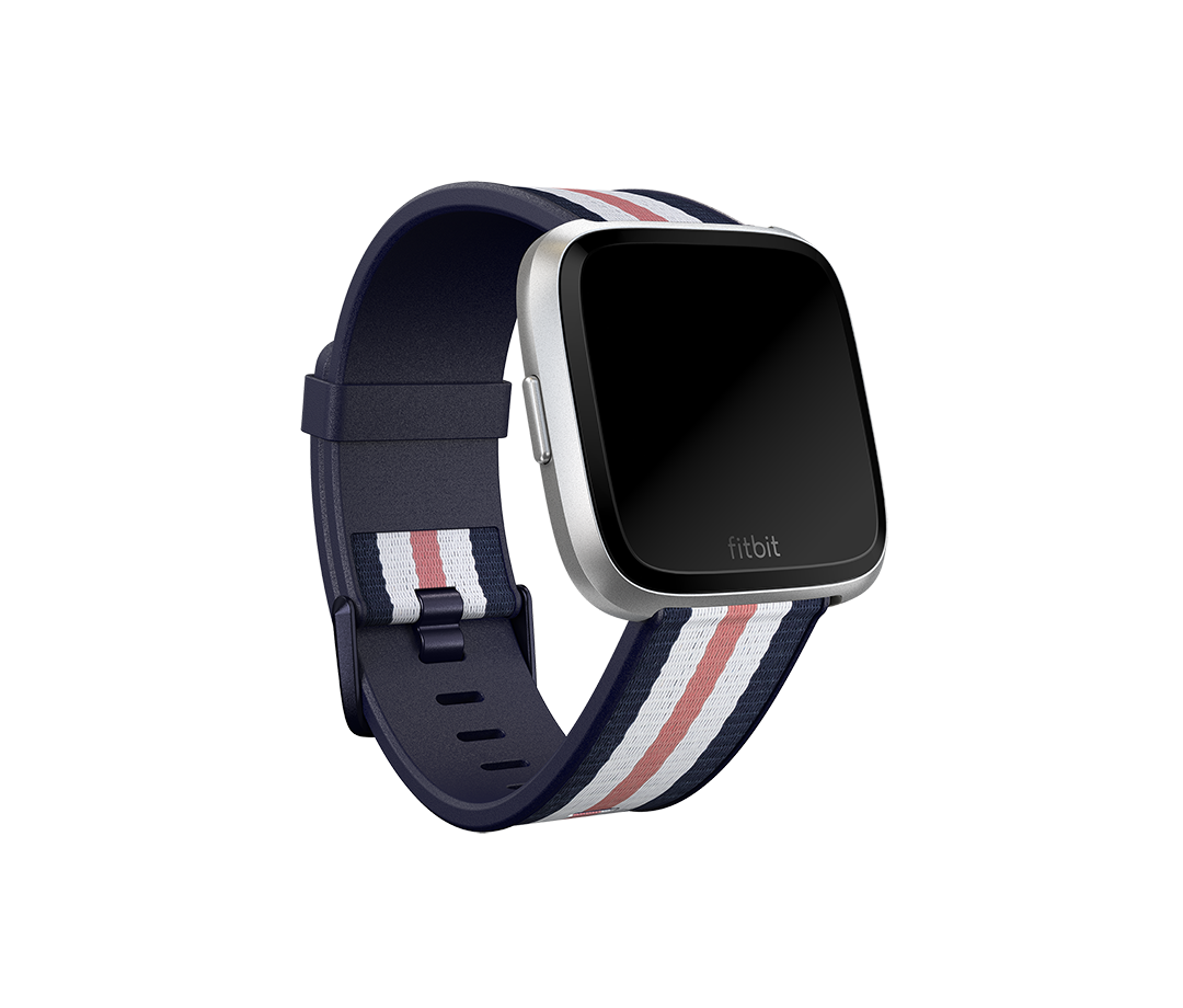 Fitbit | Versa-Lite Woven Hybrid Band, large, navy/pink | The Fitbit Versa woven hybrid band is made of polyester woven material on top and fluoroelastomer material on the bottom with an aluminium buckle. | The Fitbit Versa woven hybrid band is not water 