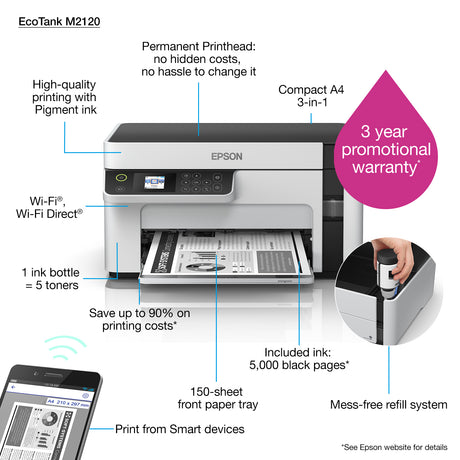 Epson | Multifunction compact printer | EcoTank M2120 | Inkjet | Mono | A4 | Wi-Fi | White