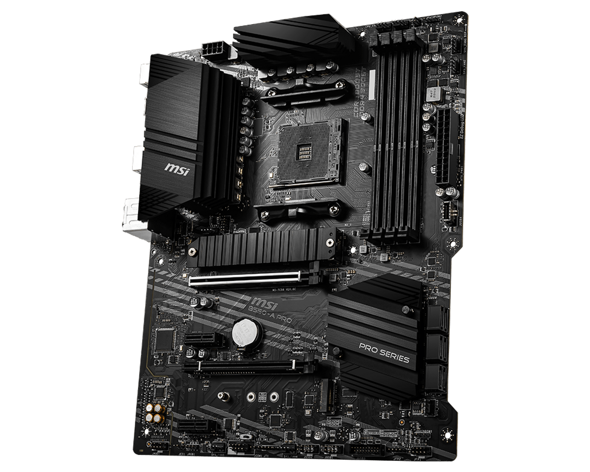 MSI | B550-A PRO | Processor family AMD | Processor socket AM4 | DDR4 DIMM | Memory slots 4 | Supported hard disk drive interfaces SATA, M.2 | Number of SATA connectors 6 | Chipset AMD B550 | ATX