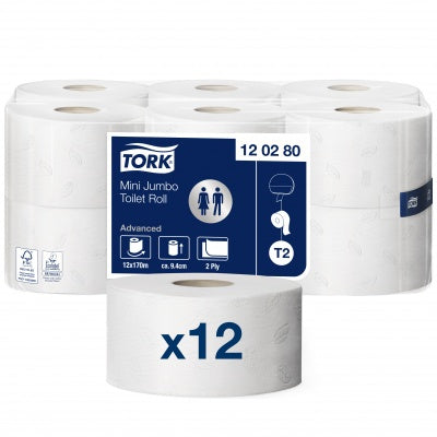 Tualetinis popierius Tork Advanced Mini Jumbo T2, 2 sl., 170m, 12 vnt.