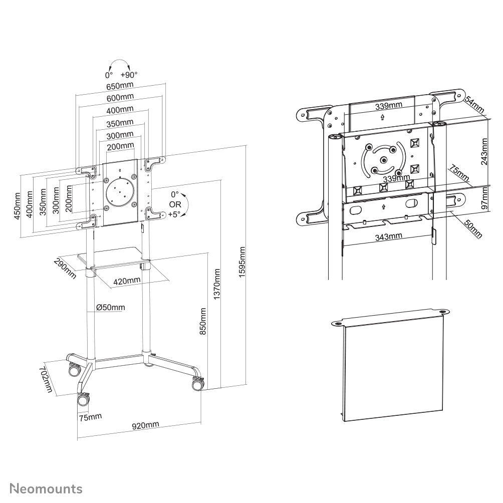Neomounts Floor stand | NS-M1250BLACK TV trolley | Rotate, Tilt | 37-70 " | Maximum weight (capacity) 70 kg | Black