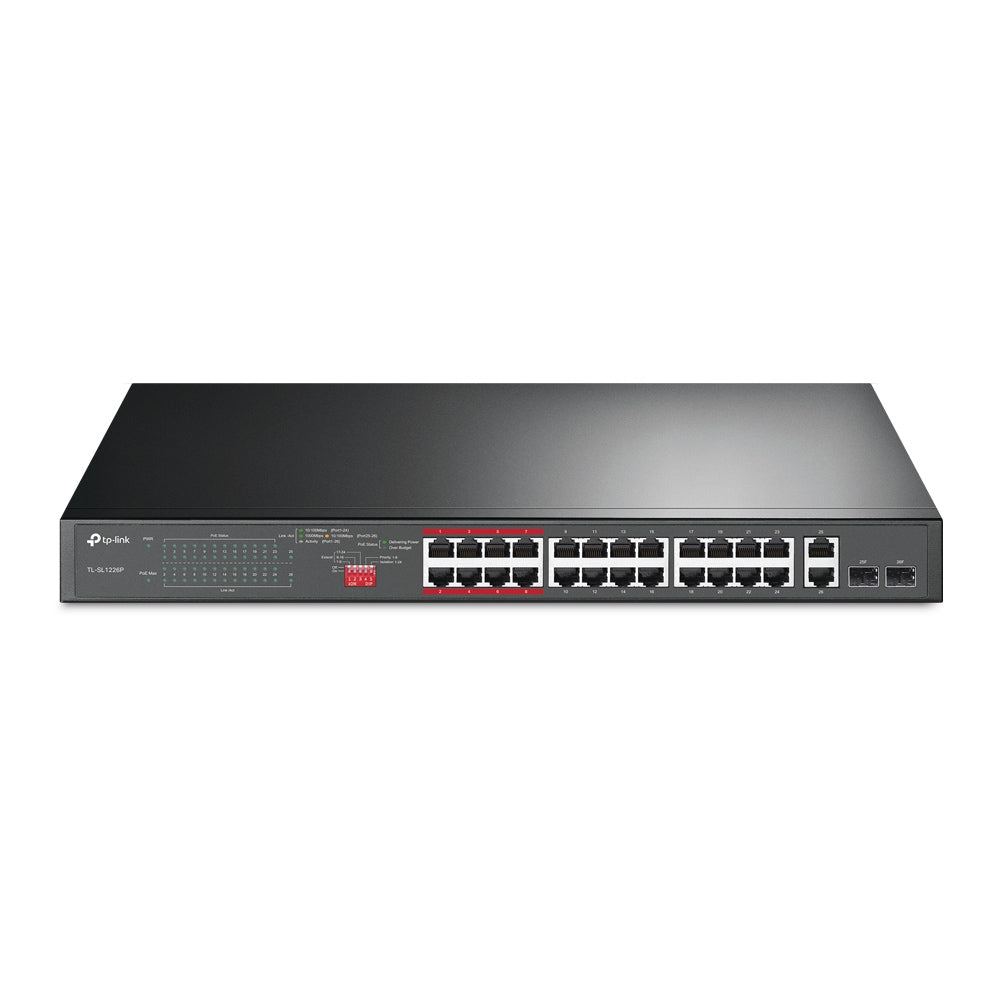 TP-Link TL-SL1226P 24-Port 10/100Mbps + 2-Port Gigabit Unmanaged PoE+ Šakotuvas