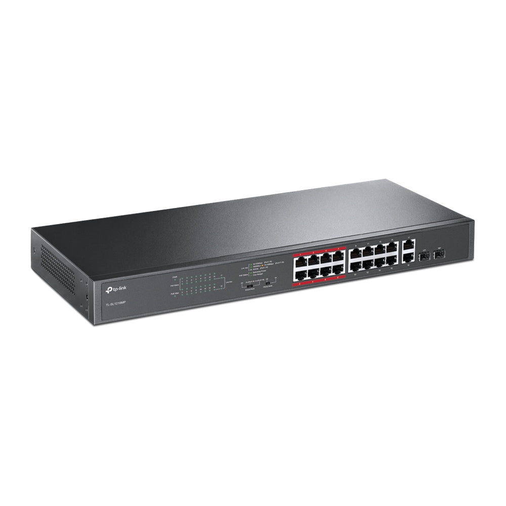 TP-Link TL-SL1218MP 16-Port 10/100Mbps + 2-Port Gigabit Unmanaged PoE Šakotuvas