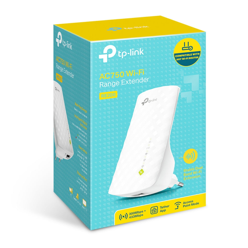 TP-LINK | Extender | RE200 | 802.11ac | 2.4GHz/5GHz | 300+433  Mbit/s | 10/100 Mbit/s | Ethernet LAN (RJ-45) ports 1 | MU-MiMO No | no PoE | Antenna type 3xInternal