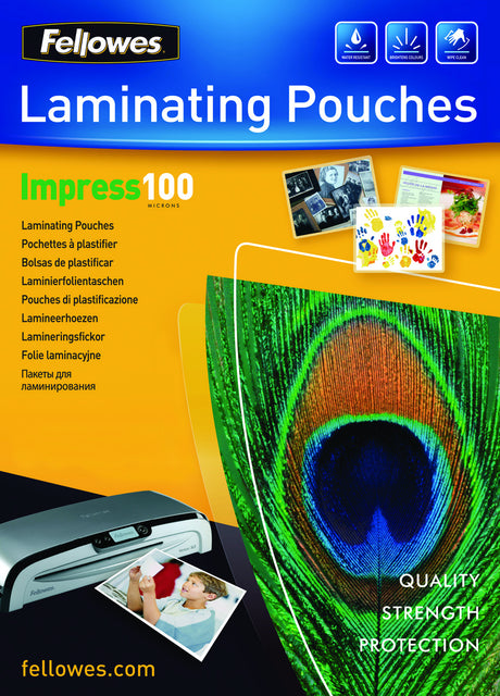 Fellowes | Laminating Pouch | A4 | Clear | Thickness: 100 micron, Qty Per Pack: 100 pcs; Ideal for notices, craft materials, signage and frequently handled documents; Compatible with all laminator brands