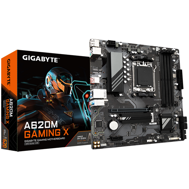 Gigabyte | A620M GAMING XG10 | Processor family AMD | Processor socket AM5 | DDR5 DIMM | Memory slots 4 | Supported hard disk drive interfaces 	SATA, M.2 | Number of SATA connectors 4 | Chipset AMD A620 | Micro ATX