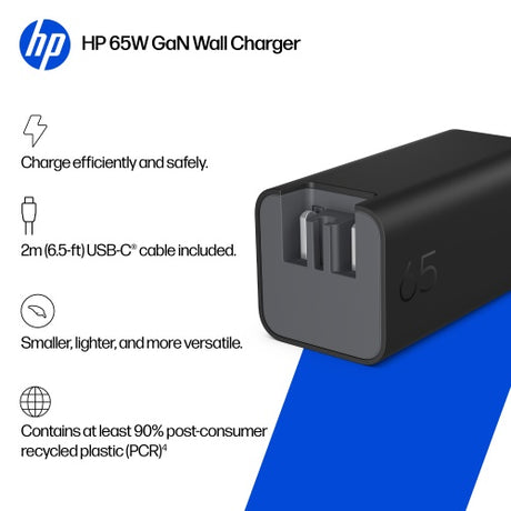 HP C90CKUT Nešiojamo kompiuterio įkroviklis 65W GaN, USB-C, EU, Juoda