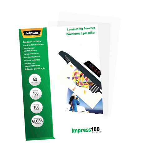 Fellowes | Laminating Pouch | A3 | Glossy | Thickness: 100 micron, Qty Per Pack: 100 pcs; Ideal for notices, craft materials, signage and frequently handled documents; Compatible with all laminator brands
