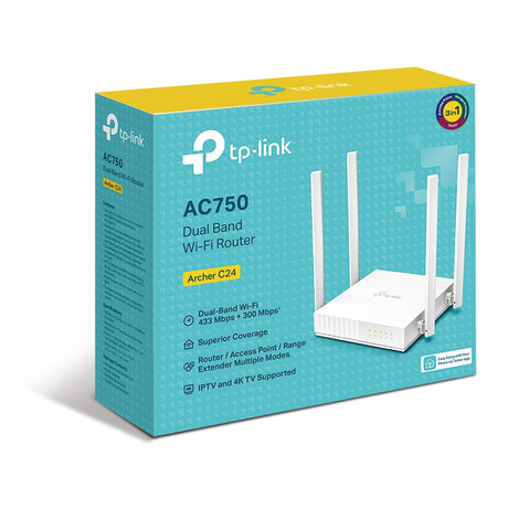 TP-LINK | Dual Band Router | Archer C24 | 802.11ac | 300+433 Mbit/s | 10/100 Mbit/s | Ethernet LAN (RJ-45) ports 4 | Mesh Support No | MU-MiMO Yes | No mobile broadband | Antenna type 4xFixed