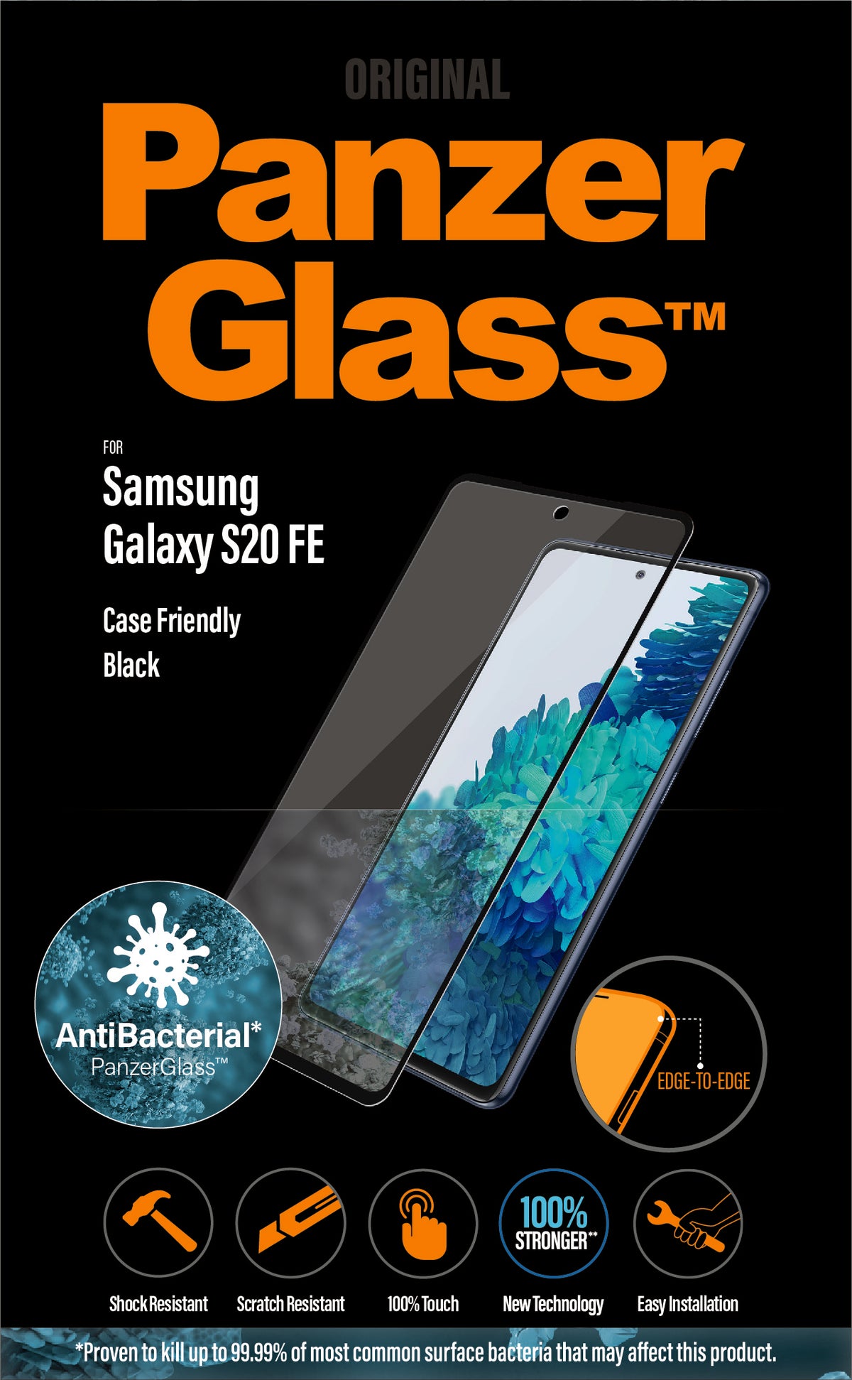 PanzerGlass | Samsung | Galaxy S20 FE CF | Glass | Black | Works with face recognition and is compatible with the in-screen fingerprint reader; Case Friendly | Clear Screen Protector