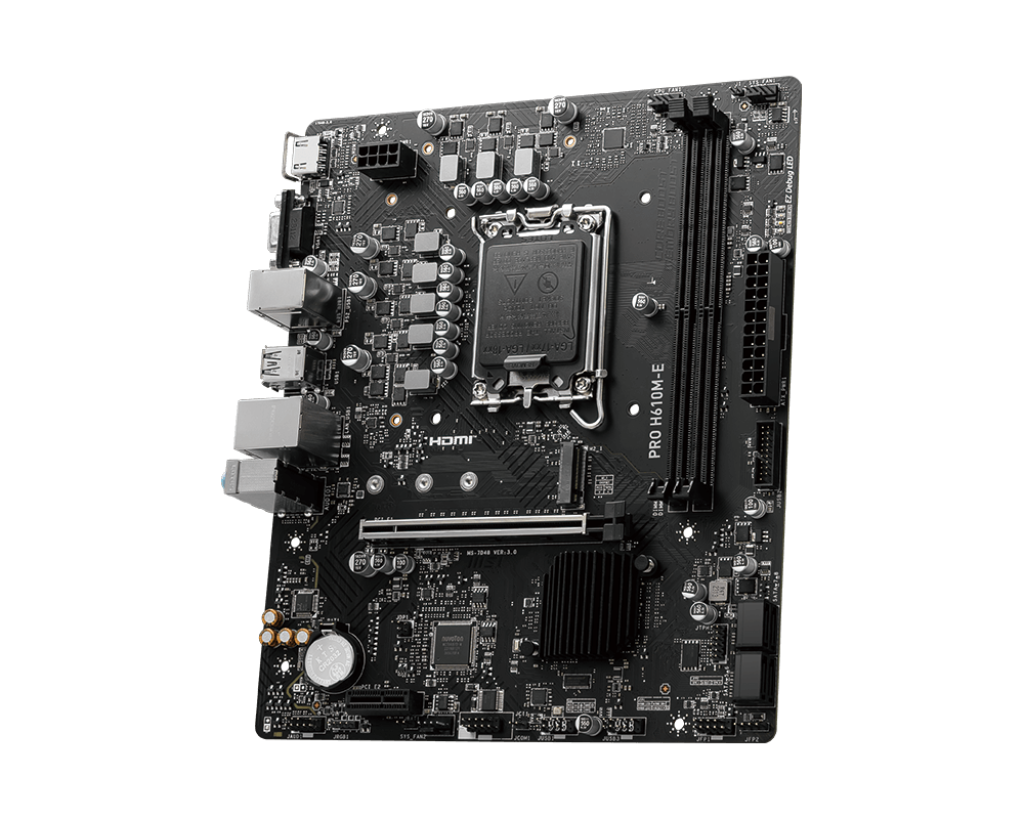 MSI | PRO H610M-E | Processor family Intel | Processor socket  LGA1700 | Supported hard disk drive interfaces SATA, M.2 | Number of SATA connectors 4