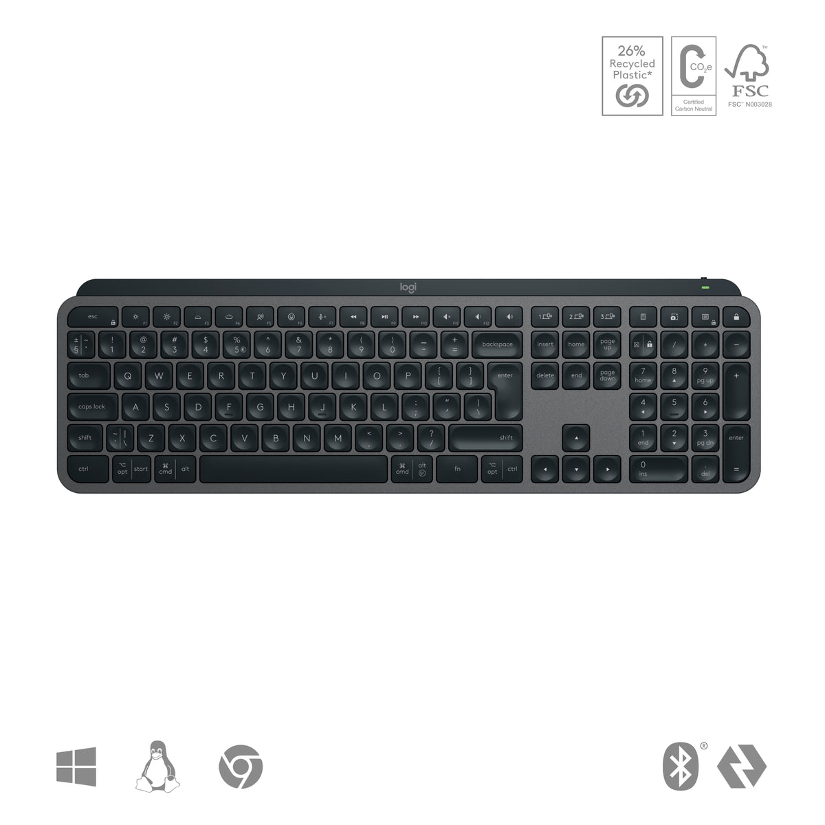 Logitech MX Keys S Belaidė klaviatūra, RF Wireless+Bluetooth, Illuminated, US Int, Graphite
