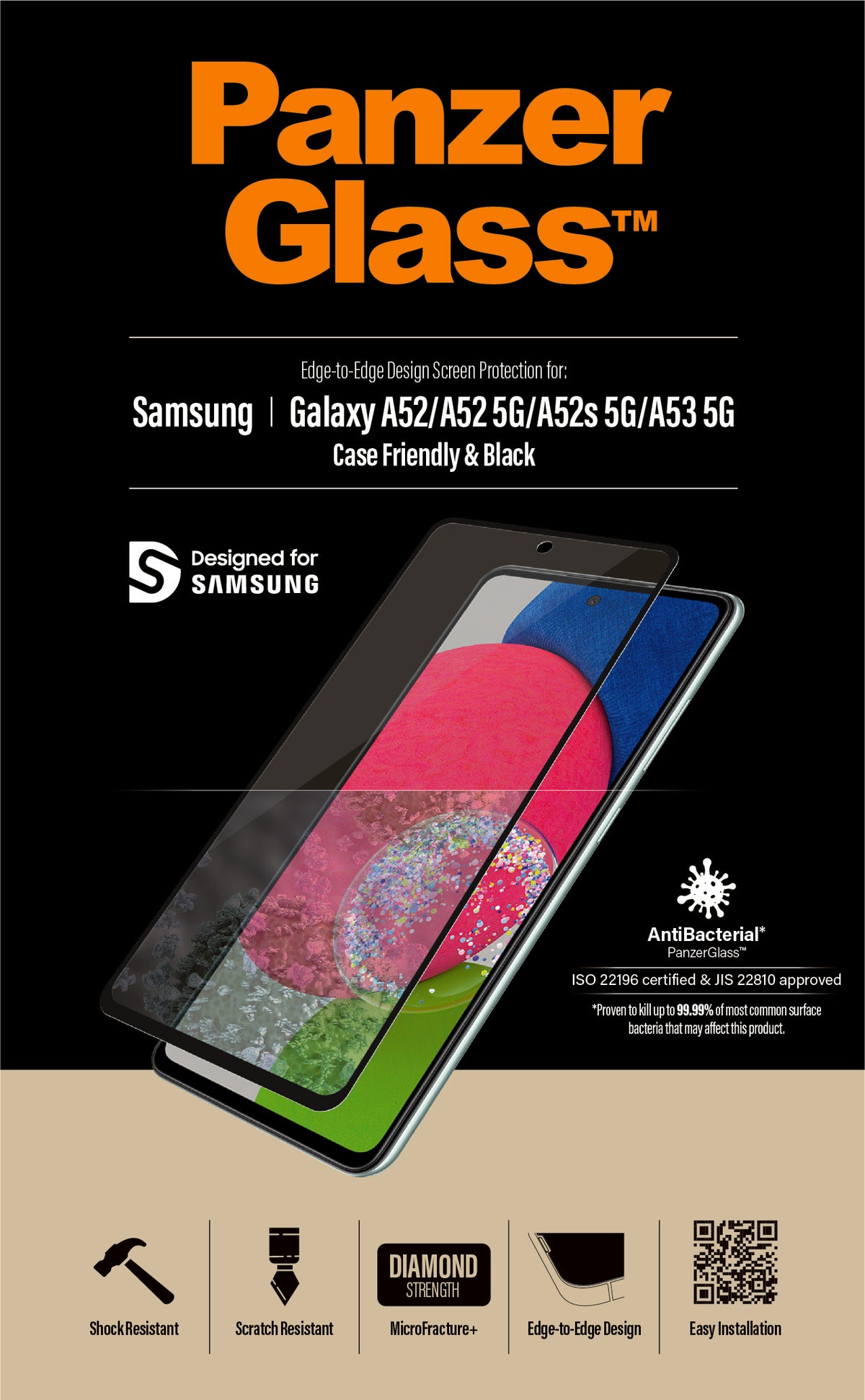 PanzerGlass | Samsung | Galaxy A52 | Black/Transparent | Antifingerprint screen protector