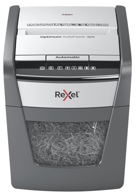 Rexel Optimum AutoFeed+ 50X Dokumentų naikiklis Cross cut shredding 4x28mm P-4 20L 55dB, Pilka/Juoda