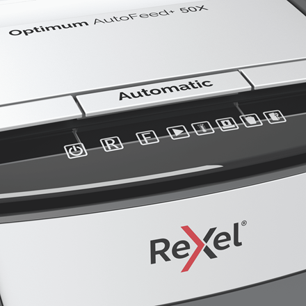 Rexel Optimum AutoFeed+ 50X Dokumentų naikiklis Cross cut shredding 4x28mm P-4 20L 55dB, Pilka/Juoda