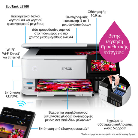 Epson | Wireless Photo Printer | EcoTank L8160 | Inkjet | Colour | Inkjet Multifunctional Printer | A4 | Wi-Fi | Grey