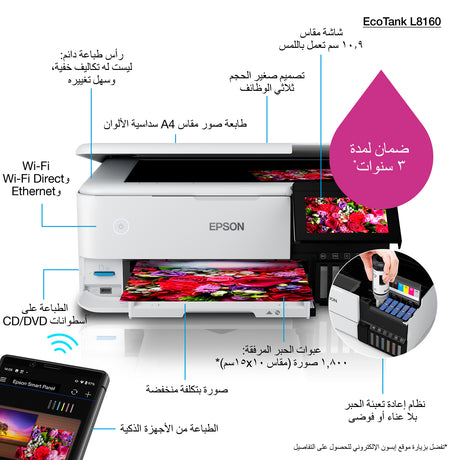 Epson | Wireless Photo Printer | EcoTank L8160 | Inkjet | Colour | Inkjet Multifunctional Printer | A4 | Wi-Fi | Grey