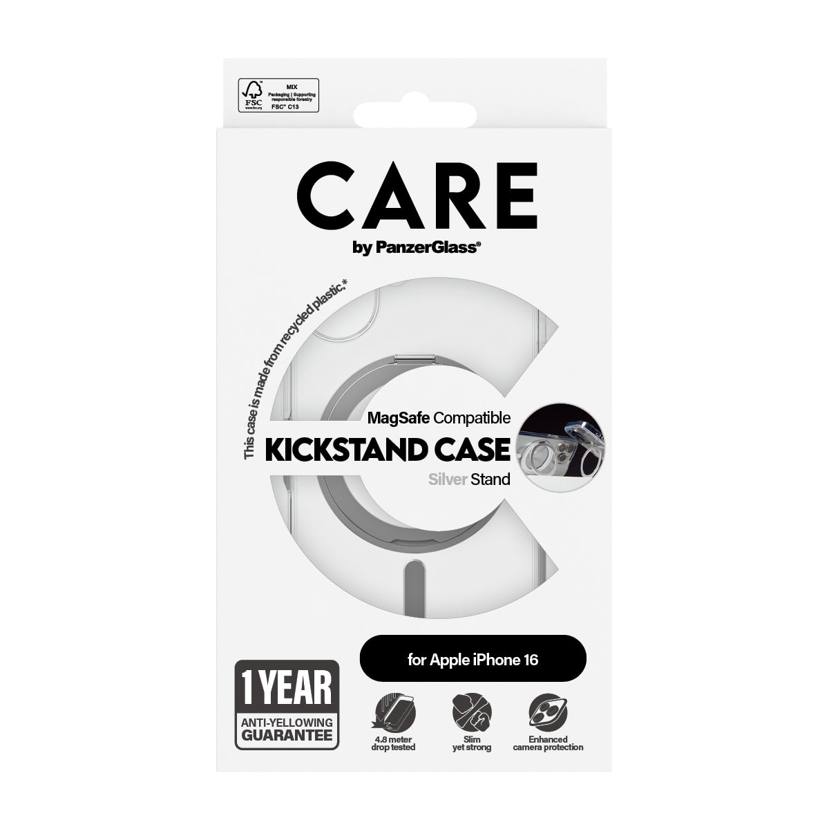 CARE Feature Case | Back cover | Apple | iPhone 16 | Recycled plastic | Silver | Kickstand & MagSafe