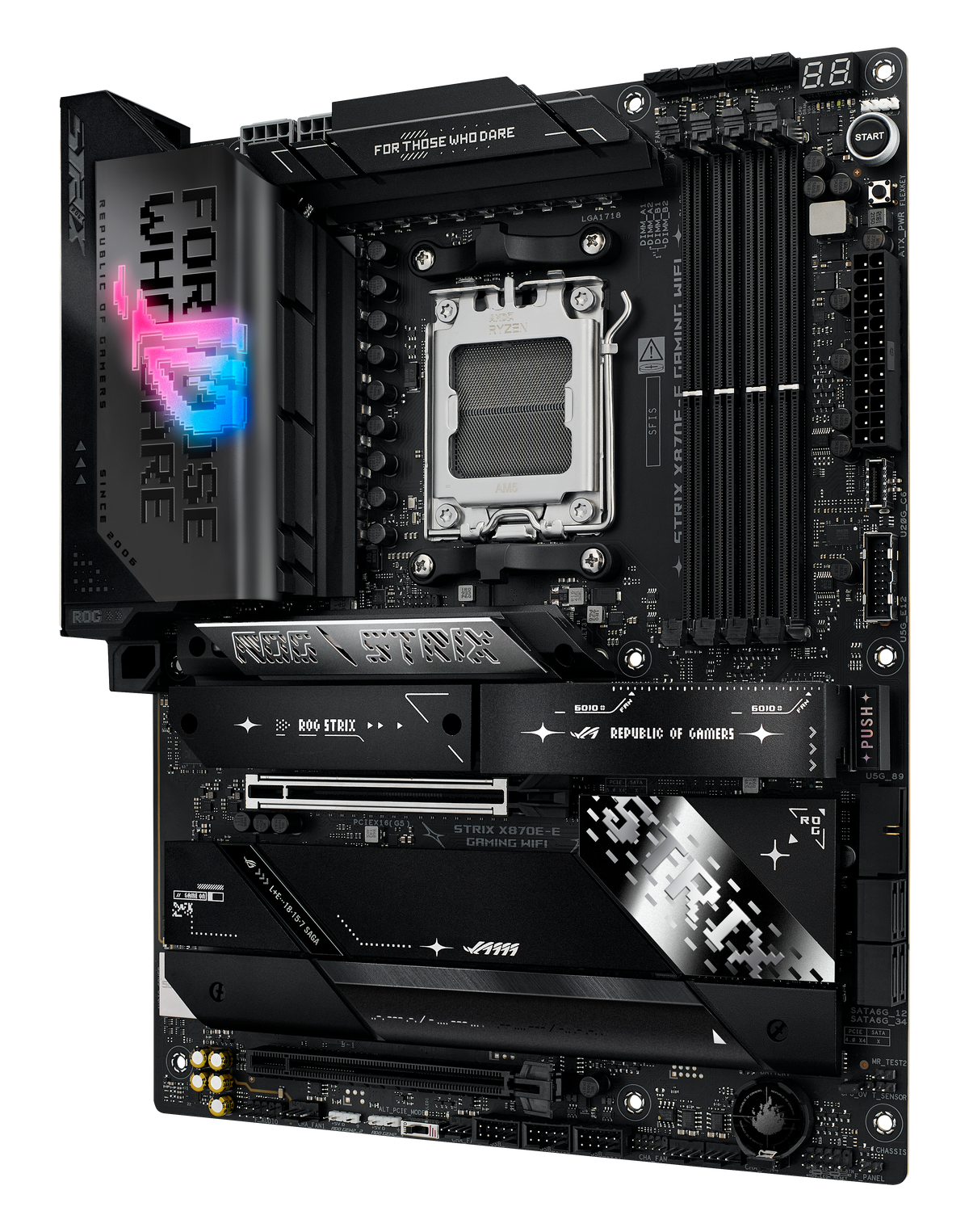 Asus ROG STRIX X870E-E GAMING WIFI | Processor family AMD | Processor socket AM5 | DDR5 | Supported hard disk drive interfaces SATA, M.2 | Number of SATA connectors 4