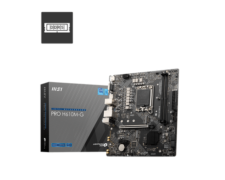 MSI | PRO H610M-G | Processor family Intel | Processor socket LGA1700 | DDR5 | Supported hard disk drive interfaces SATA, M.2 | Number of SATA connectors 4