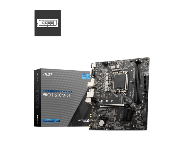 MSI | PRO H610M-G | Processor family Intel | Processor socket LGA1700 | DDR5 | Supported hard disk drive interfaces SATA, M.2 | Number of SATA connectors 4