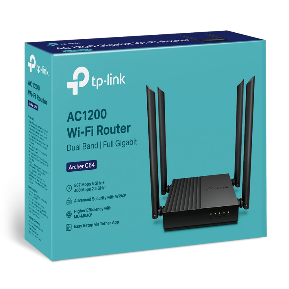 TP-LINK | AC1200 Wireless MU-MIMO Wi-Fi Router | Archer C64 2.0 | 802.11ac | 867+300 Mbit/s | 10/100/1000 Mbit/s | Mesh Support Yes | MU-MiMO Yes | No mobile broadband | Antenna type 4 x Fixed Omnidirectional