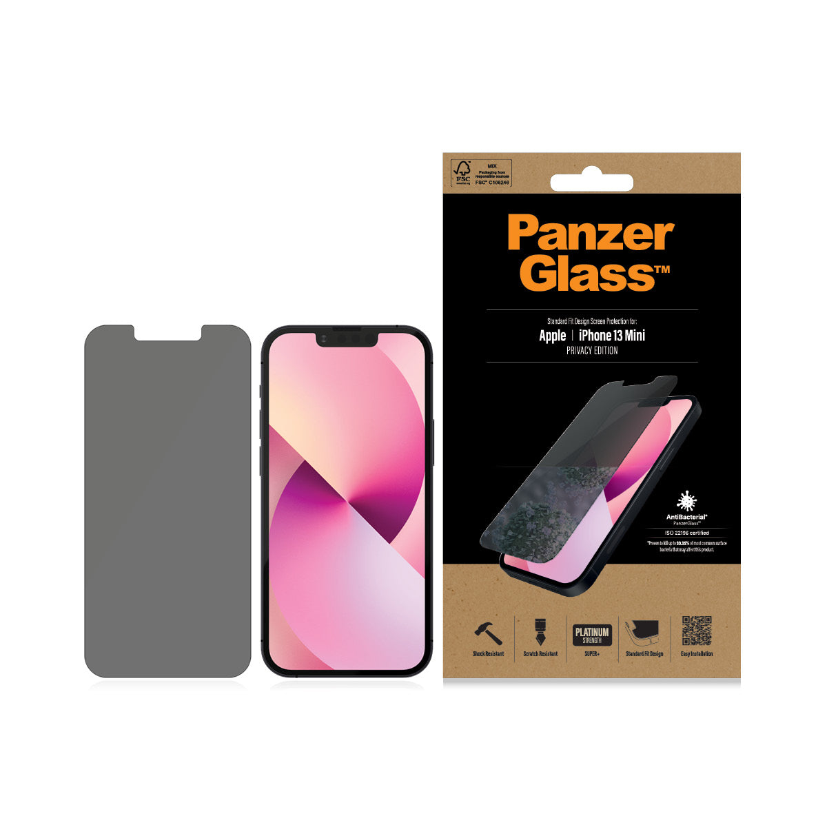PanzerGlass | Apple | iPhone 13 Mini | Tempered glass | Black | Crystal clear; Resistant to scratches and bacteria; Shock absorbing; Easy to install | Privacy Screen Protector