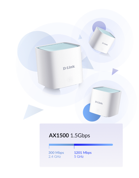 D-Link | EAGLE PRO AI AX1500 Mesh System | M15-3 (3-pack) | 802.11ax | 1200+300  Mbit/s | 10/100/1000 Mbit/s | Ethernet LAN (RJ-45) ports 1 | Mesh Support Yes | MU-MiMO Yes | No mobile broadband | Antenna type 2 x 2.4G WLAN Internal Antenna, 2 x 5G WLAN I