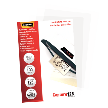 Fellowes | Laminating Pouch - 65x95mm | Glossy | Ideal for identity cards, credit cards, business cards and visitor cards; Capture 125 Micron thickness - providing an advanced level of document protection; Pack size of 100; Compatible with all laminator b