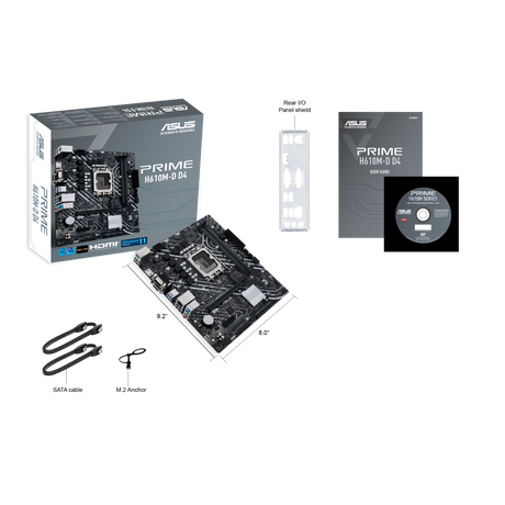 Asus | PRIME H610M-D D4 | Processor family Intel | Processor socket  LGA1700 | DDR4 DIMM | Memory slots 2 | Supported hard disk drive interfaces SATA, M.2 | Number of SATA connectors 4 | Chipset Intel H610 | mATX