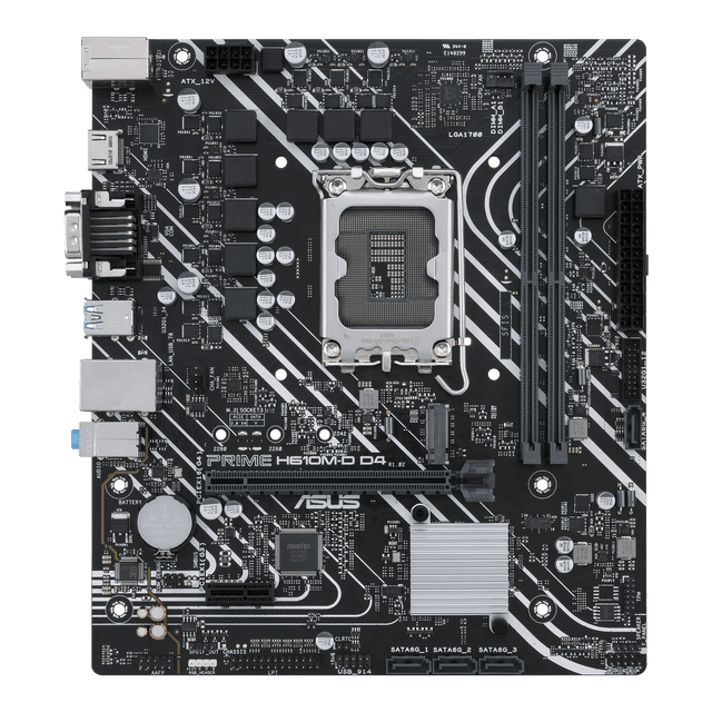 Asus | PRIME H610M-D D4 | Processor family Intel | Processor socket  LGA1700 | DDR4 DIMM | Memory slots 2 | Supported hard disk drive interfaces SATA, M.2 | Number of SATA connectors 4 | Chipset Intel H610 | mATX