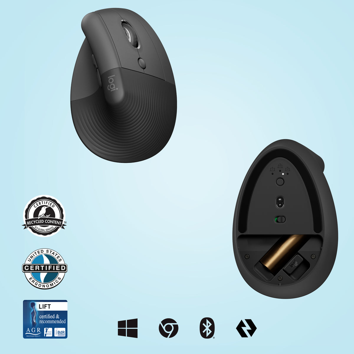 Logitech Lift Vertical Belaidė pelė, RF Wireless + Bluetooth, 4000 DPI, Graphite