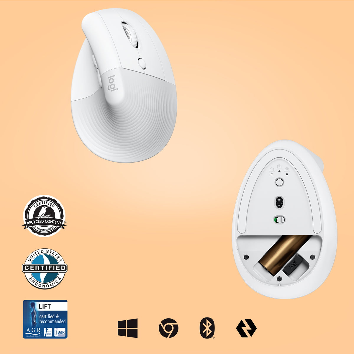 Logitech Lift Vertical Belaidė pelė, RF Wireless + Bluetooth, 4000 DPI, Off-white